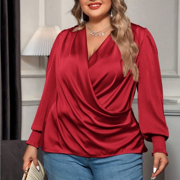 Luxe hot pink bishop sleeve surplice neck shirred cuff blouse - Picture 13 of 16